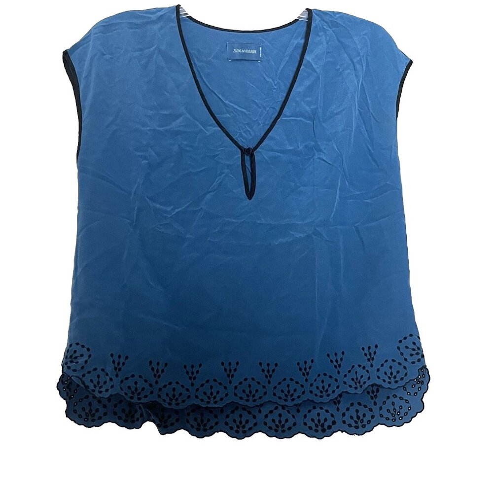 Zadig & Voltaire Blouse Shirt Small V-neck Tapou Silk Teal Blue Scalloped Hem